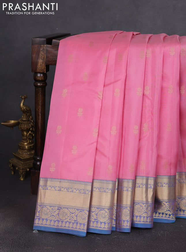 Kanchipuram silk saree light pink and teal blue with allover zari woven buttas and zari woven border