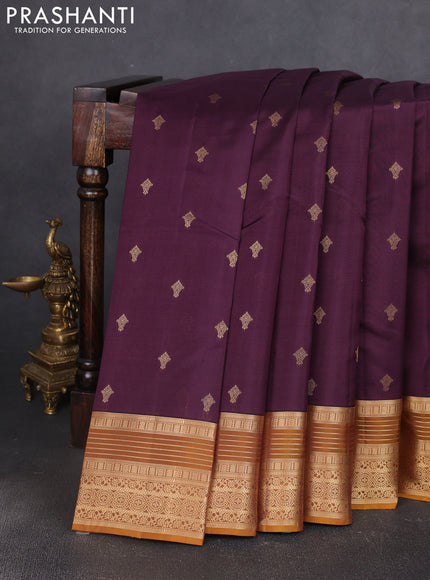 Kanchipuram silk saree wine shade and mustard yellow with allover zari woven buttas and zari woven border