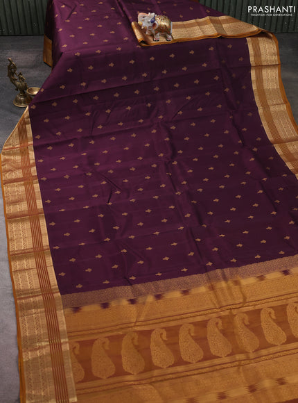 Kanchipuram silk saree wine shade and mustard yellow with allover zari woven buttas and zari woven border