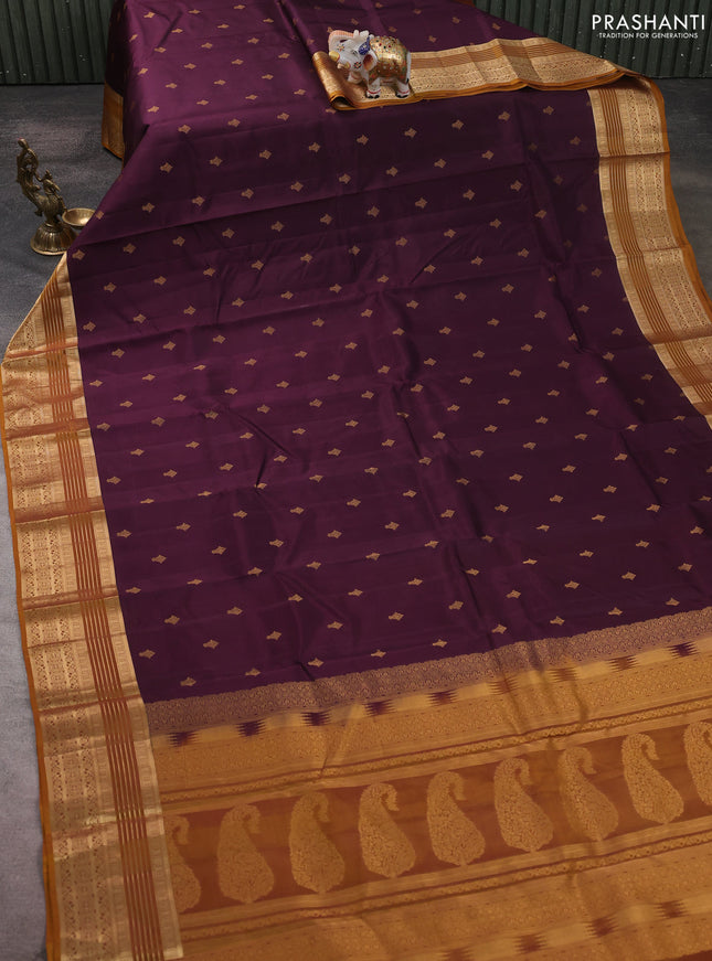 Kanchipuram silk saree wine shade and mustard yellow with allover zari woven buttas and zari woven border