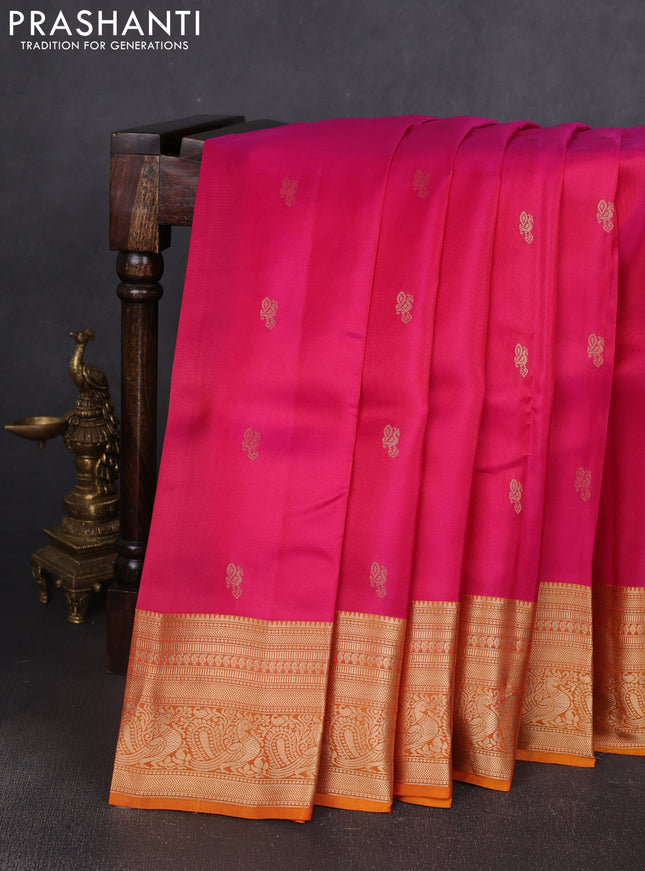 Kanchipuram silk saree pink and orange with allover zari woven buttas and zari woven border