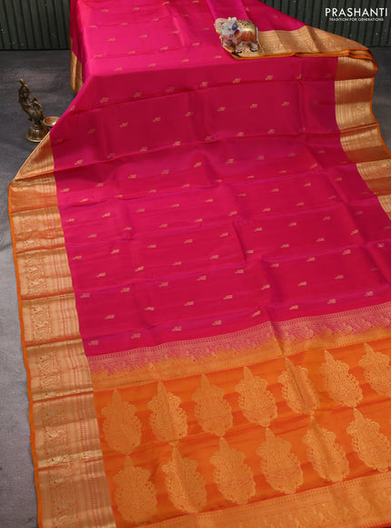 Kanchipuram silk saree pink and orange with allover zari woven buttas and zari woven border