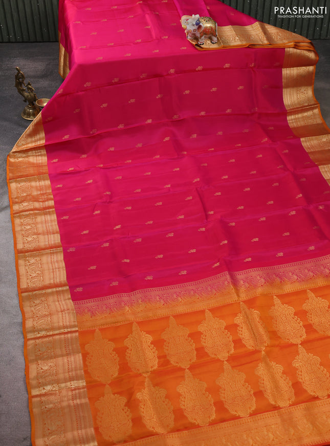 Kanchipuram silk saree pink and orange with allover zari woven buttas and zari woven border