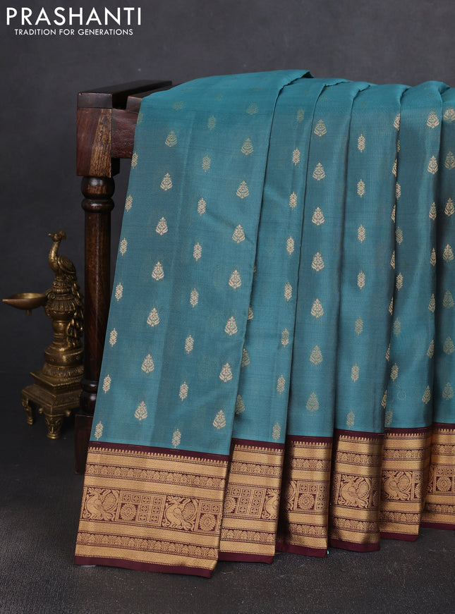 Kanchipuram silk saree bluish grey and wine shade with allover zari woven buttas and zari woven border