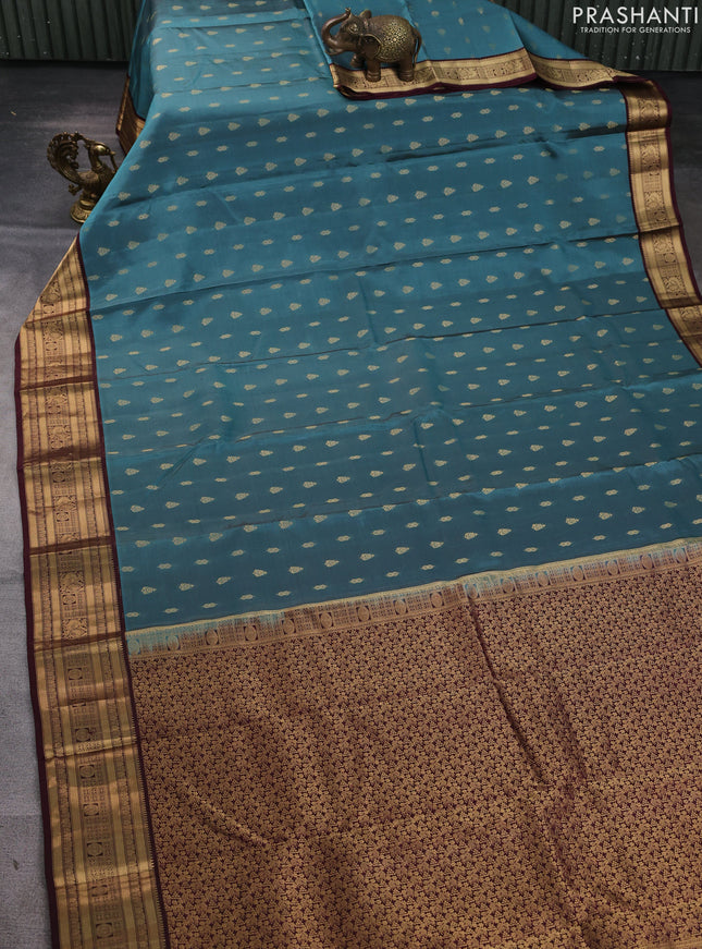 Kanchipuram silk saree bluish grey and wine shade with allover zari woven buttas and zari woven border