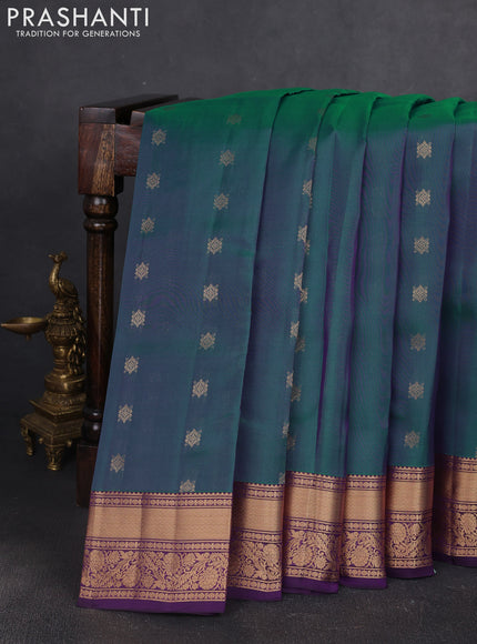 Kanchipuram silk saree peacock green and violet with allover zari woven buttas and zari woven border