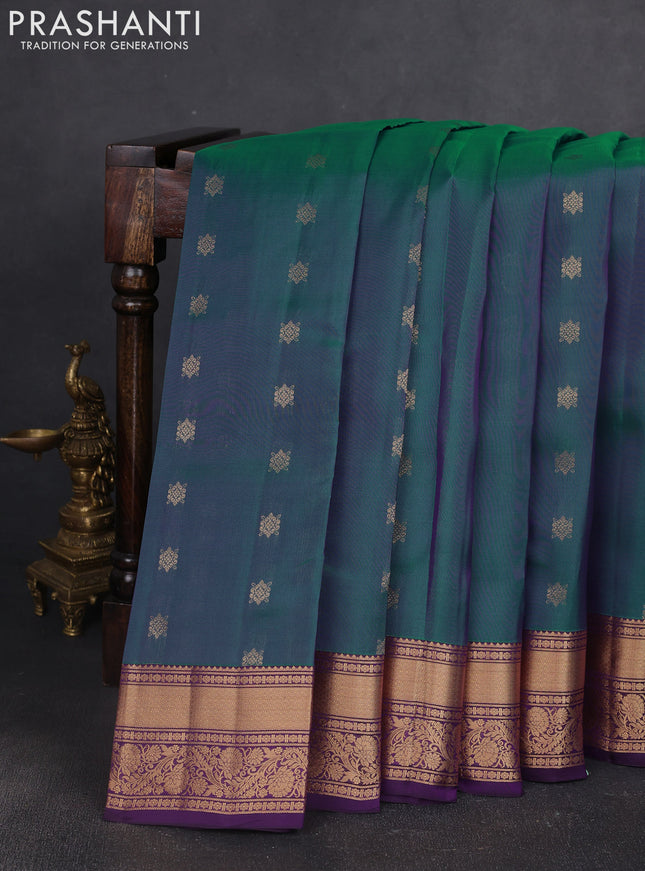 Kanchipuram silk saree peacock green and violet with allover zari woven buttas and zari woven border