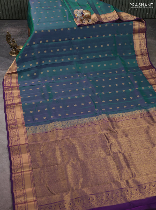 Kanchipuram silk saree peacock green and violet with allover zari woven buttas and zari woven border