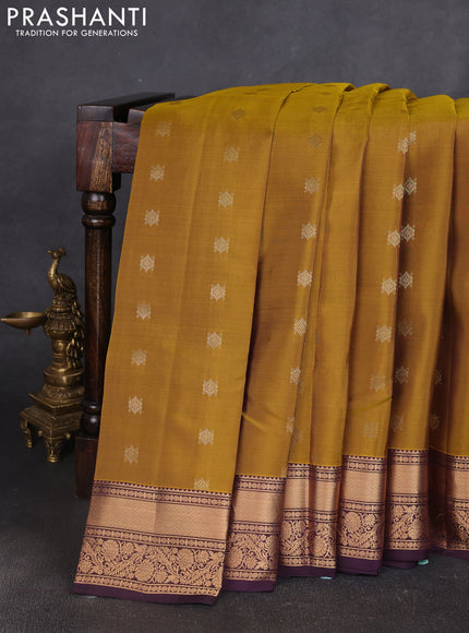Kanchipuram silk saree mustard green and wine shade with allover zari woven buttas and zari woven border