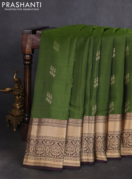 Kanchipuram silk saree green and coffee brown with allover zari woven buttas and long zari woven border