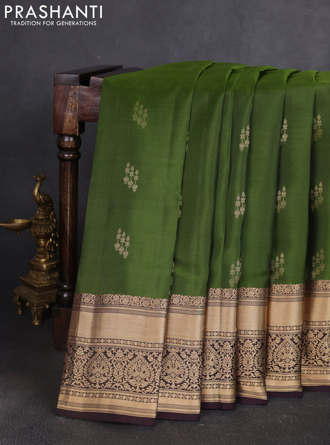 Kanchipuram silk saree green and coffee brown with allover zari woven buttas and long zari woven border