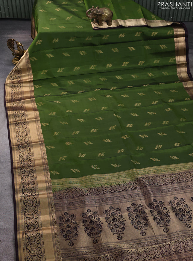 Kanchipuram silk saree green and coffee brown with allover zari woven buttas and long zari woven border
