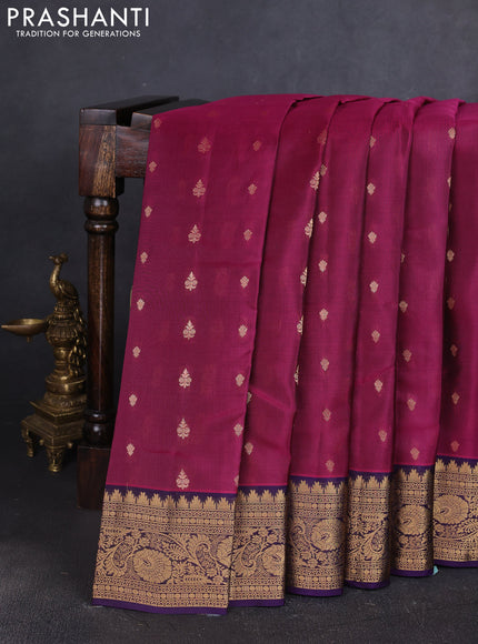 Kanchipuram silk saree magenta pink and violet with allover zari woven buttas and temple zari woven border