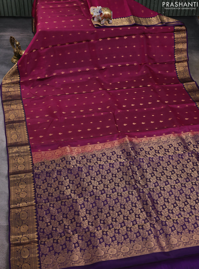 Kanchipuram silk saree magenta pink and violet with allover zari woven buttas and temple zari woven border