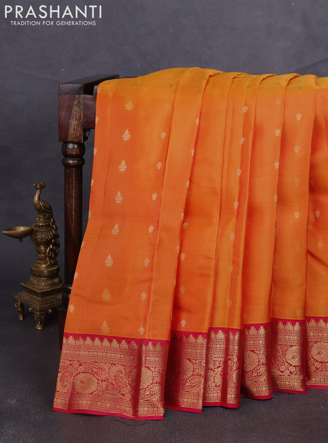 Kanchipuram silk saree sunset orange and pink with allover zari woven buttas and temple zari woven border