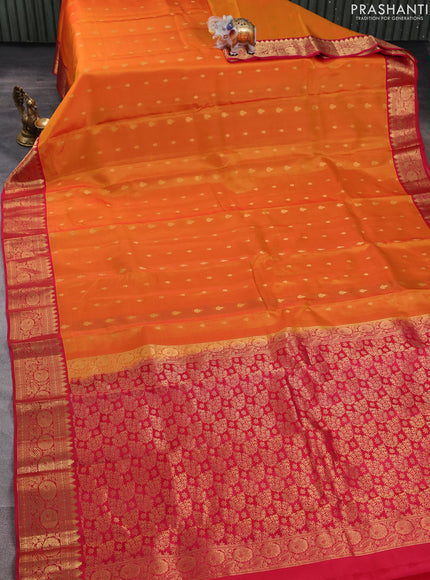 Kanchipuram silk saree sunset orange and pink with allover zari woven buttas and temple zari woven border