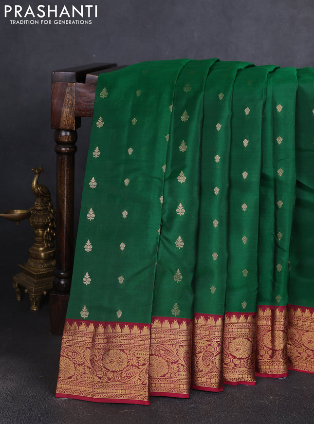 Kanchipuram silk saree green and wine shade with allover zari woven buttas and temple zari woven border