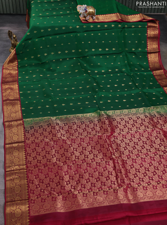 Kanchipuram silk saree green and wine shade with allover zari woven buttas and temple zari woven border