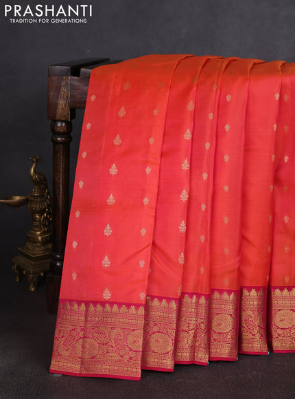 Kanchipuram silk saree orange and pink with allover zari woven buttas and temple zari woven border