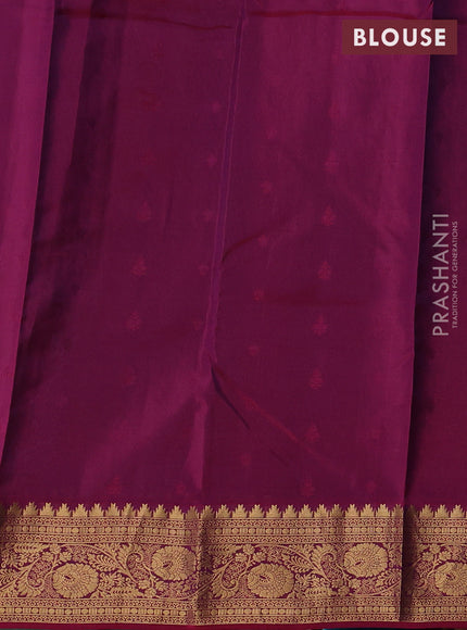 Kanchipuram silk saree peacock green and wine shade with allover zari woven buttas and temple zari woven border