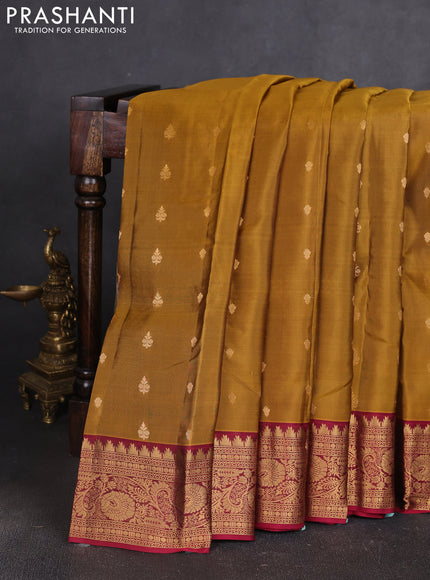 Kanchipuram silk saree mustard yellow and wine shade with allover zari woven buttas and temple zari woven border