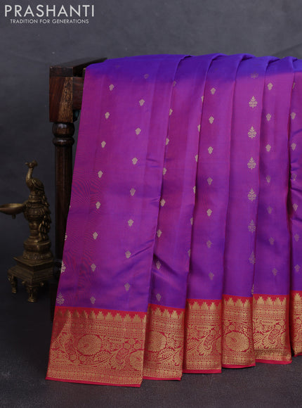 Kanchipuram silk saree purple and pink with allover zari woven buttas and temple zari woven border