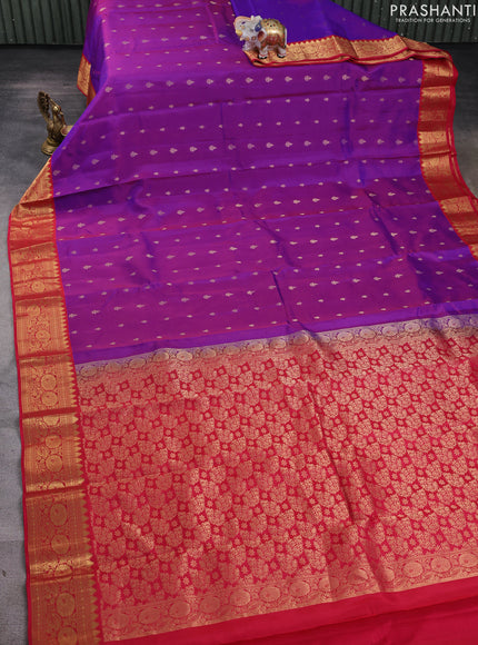 Kanchipuram silk saree purple and pink with allover zari woven buttas and temple zari woven border