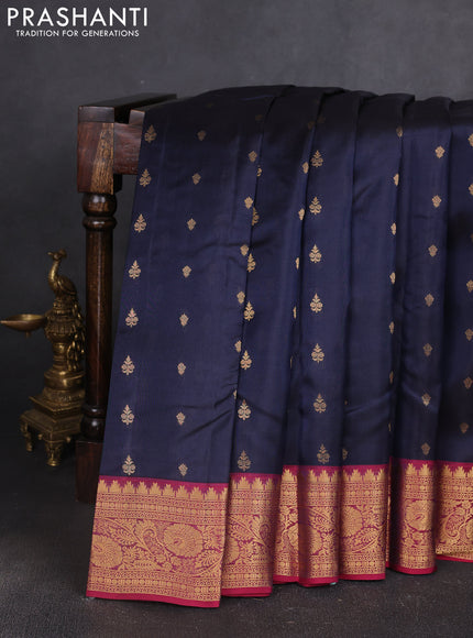 Kanchipuram silk saree navy blue and pink with allover zari woven buttas and temple zari woven border