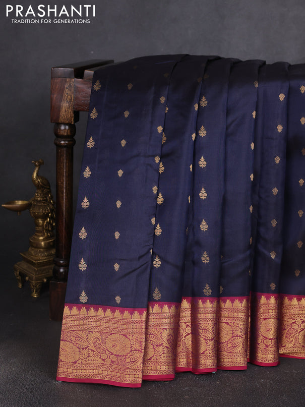 Kanchipuram silk saree navy blue and pink with allover zari woven buttas and temple zari woven border