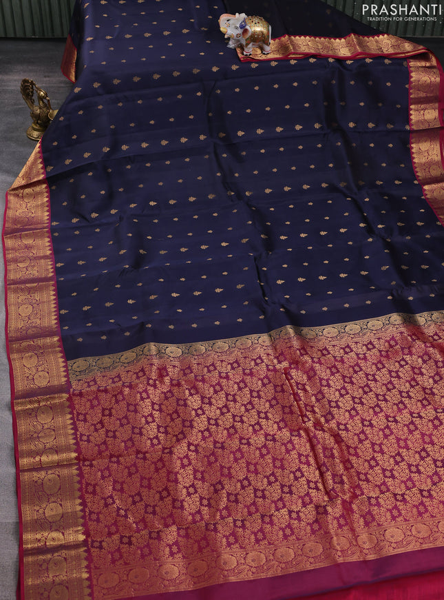 Kanchipuram silk saree navy blue and pink with allover zari woven buttas and temple zari woven border