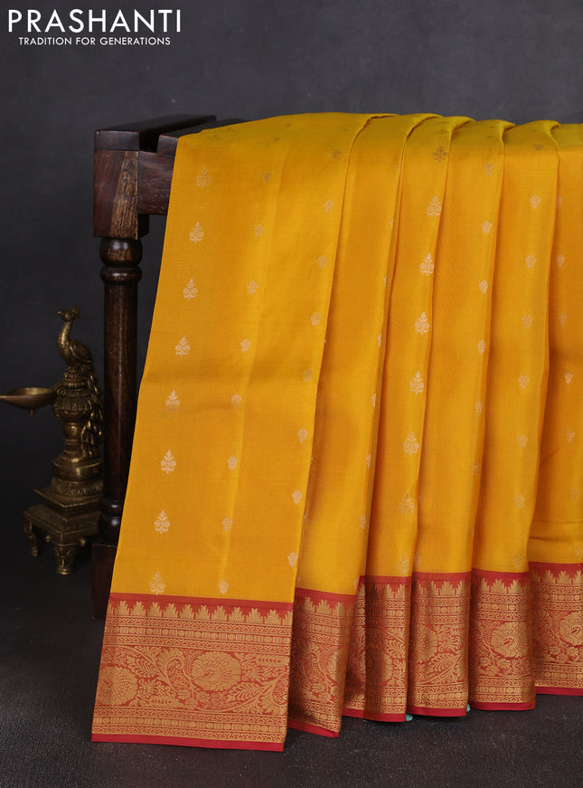 Kanchipuram silk saree yellow and dual shade of pink with allover zari woven buttas and temple zari woven border