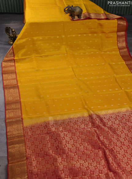 Kanchipuram silk saree yellow and dual shade of pink with allover zari woven buttas and temple zari woven border