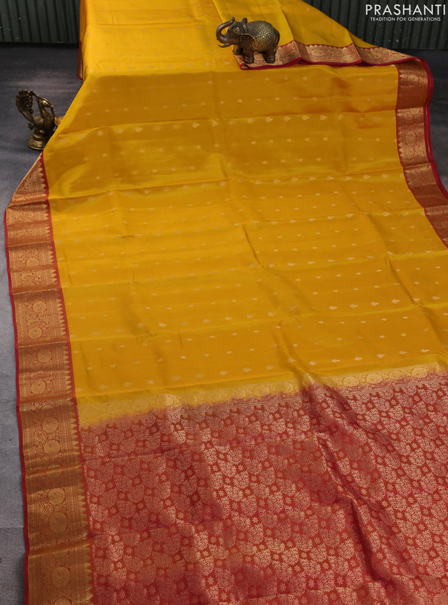 Kanchipuram silk saree yellow and dual shade of pink with allover zari woven buttas and temple zari woven border