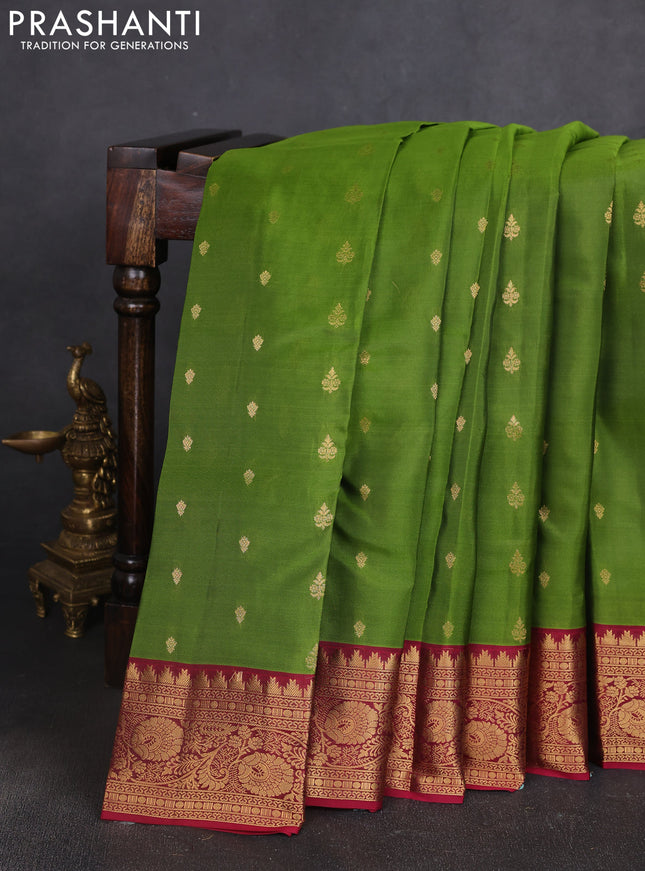 Kanchipuram silk saree light green and maroon with allover zari woven buttas and temple zari woven border
