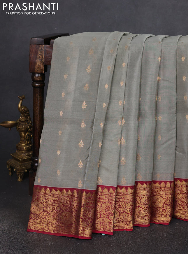 Kanchipuram silk saree grey and maroon with allover zari woven buttas and zari woven border