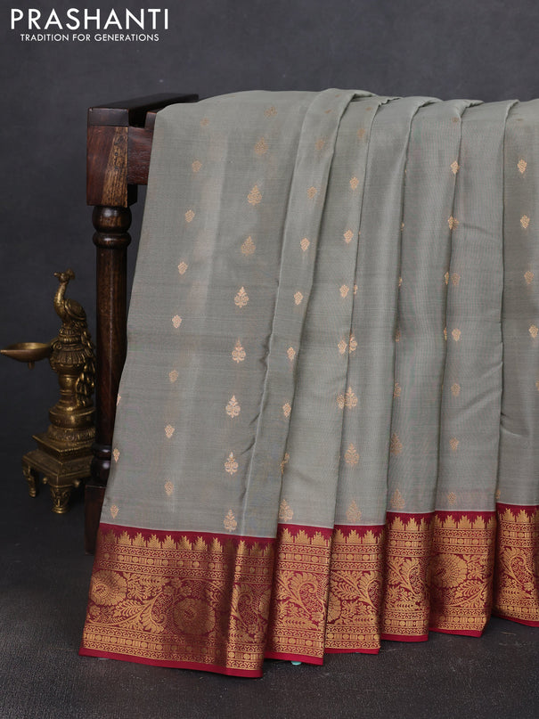 Kanchipuram silk saree grey and maroon with allover zari woven buttas and zari woven border