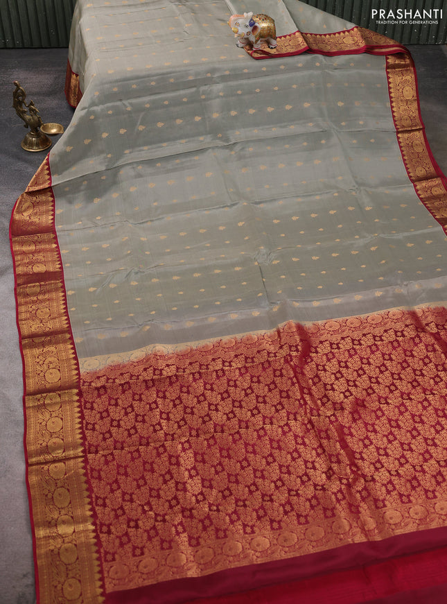 Kanchipuram silk saree grey and maroon with allover zari woven buttas and zari woven border