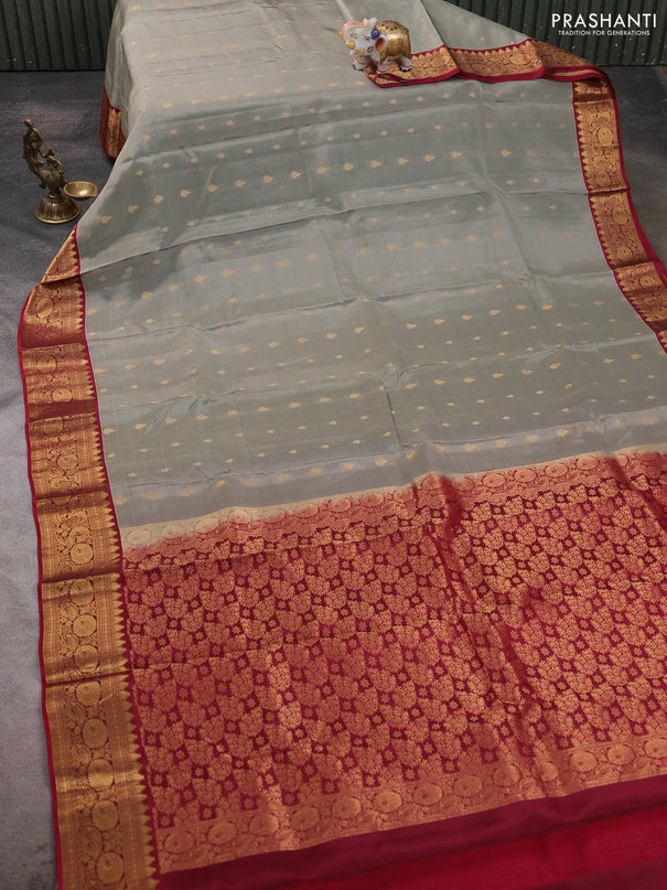 Kanchipuram silk saree grey and maroon with allover zari woven buttas and zari woven border