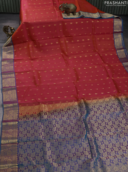 Kanchipuram silk saree orange and peacock green with allover zari woven buttas and zari woven border