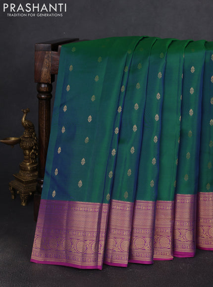 Kanchipuram silk saree dual shade of greenish yellow and magenta pink with allover zari woven buttas and zari woven border