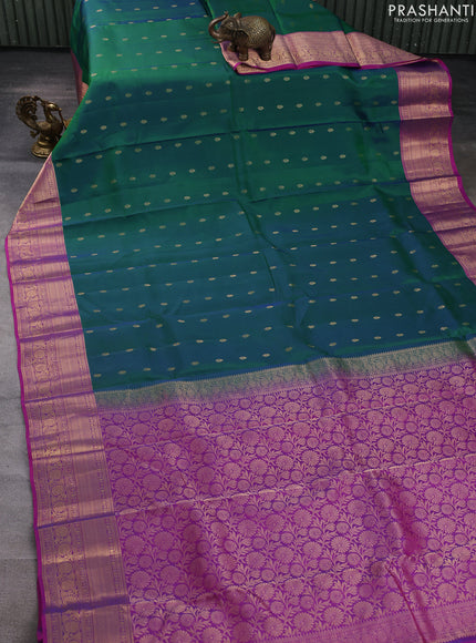 Kanchipuram silk saree dual shade of greenish yellow and magenta pink with allover zari woven buttas and zari woven border