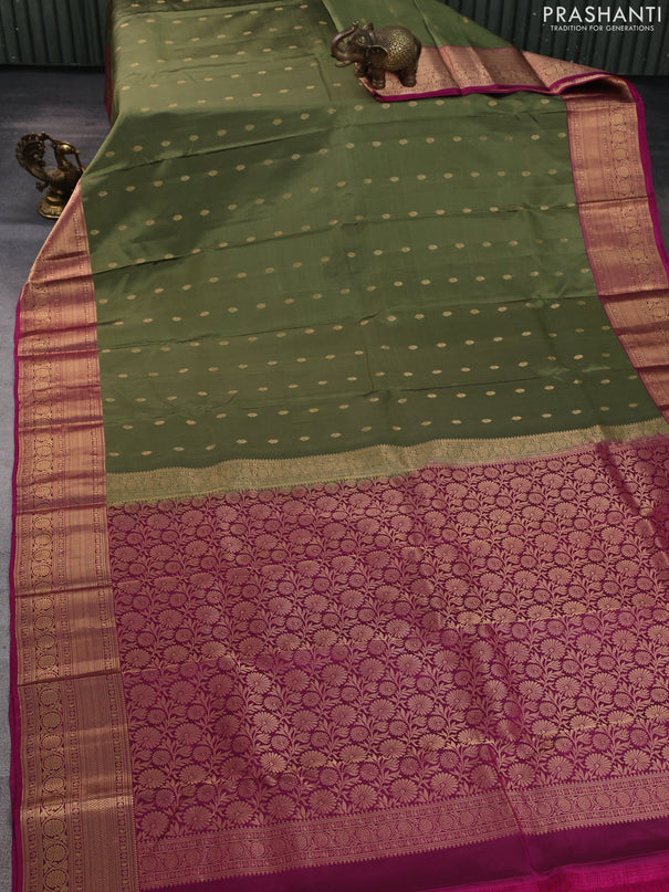 Kanchipuram silk saree pastel green and magenta pink with allover zari woven buttas and zari woven border