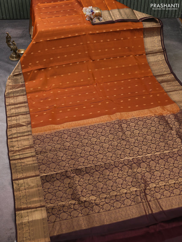 Kanchipuram silk saree rustic orange and coffee brown with allover zari woven buttas and zari woven border