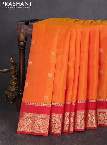Kanchipuram silk saree orange and red with allover zari woven buttas and rettapet zari woven border