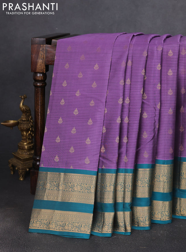 Kanchipuram silk saree purple and peacock green with allover zari woven buttas and rettapet zari woven border