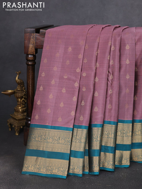 Kanchipuram silk saree mauve pink and peacock green with allover zari woven buttas and rettapet zari woven border