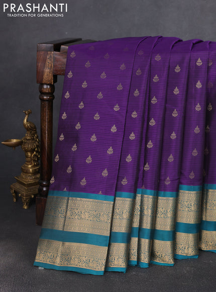 Kanchipuram silk saree violet and peacock green with allover zari woven buttas and rettapet zari woven border