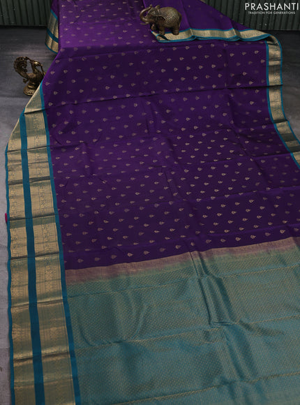Kanchipuram silk saree violet and peacock green with allover zari woven buttas and rettapet zari woven border