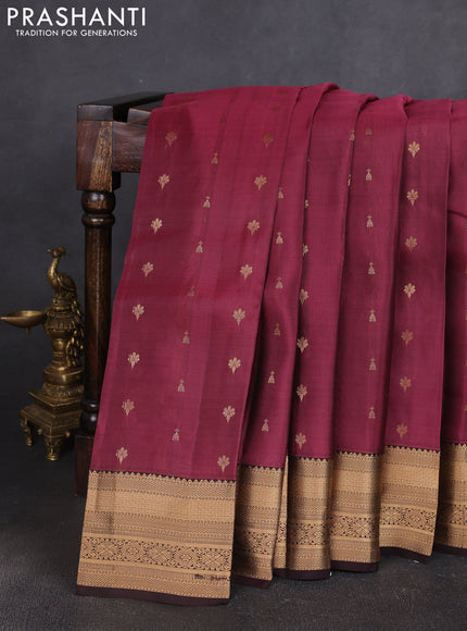 Kanchipuram silk saree wine shade and coffee brown with allover zari woven buttas and zari woven border