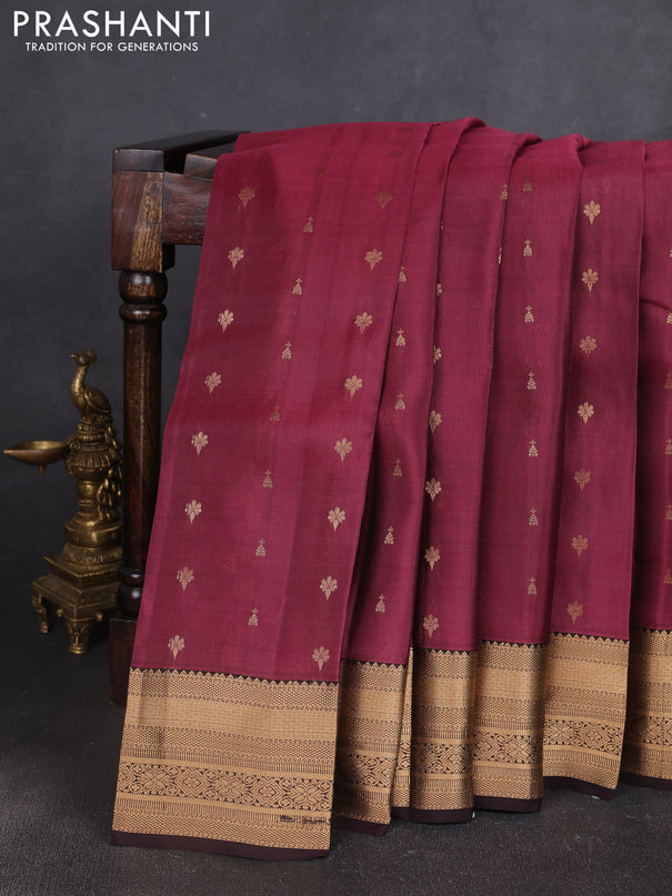 Kanchipuram silk saree wine shade and coffee brown with allover zari woven buttas and zari woven border